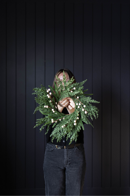 14" White Berry Norfolk Cypress Wreath