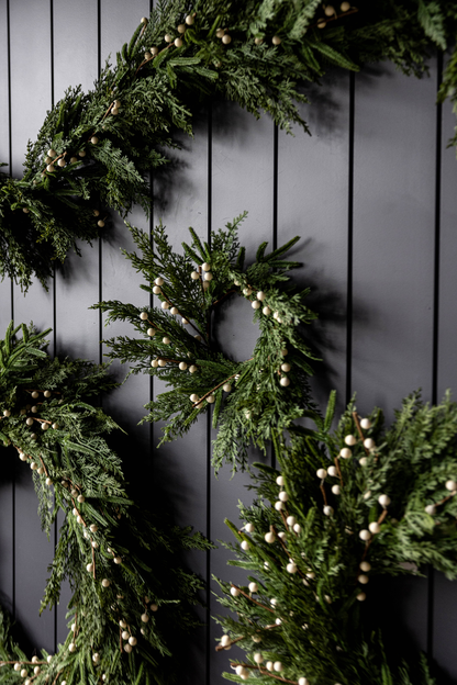 14" White Berry Norfolk Cypress Wreath