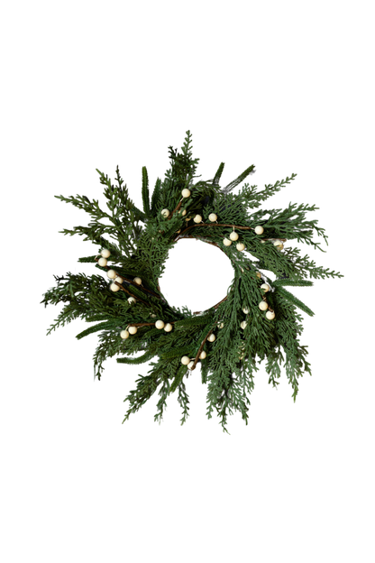 14" White Berry Norfolk Cypress Wreath